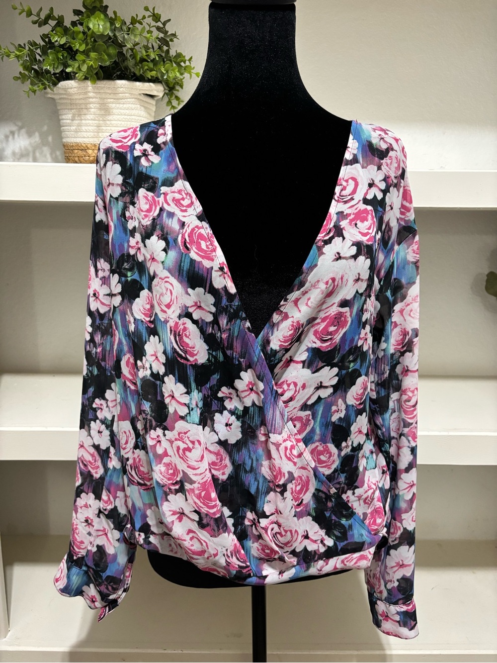 Decree Pink Floral Surplice Blouse with Black and Blue Accents